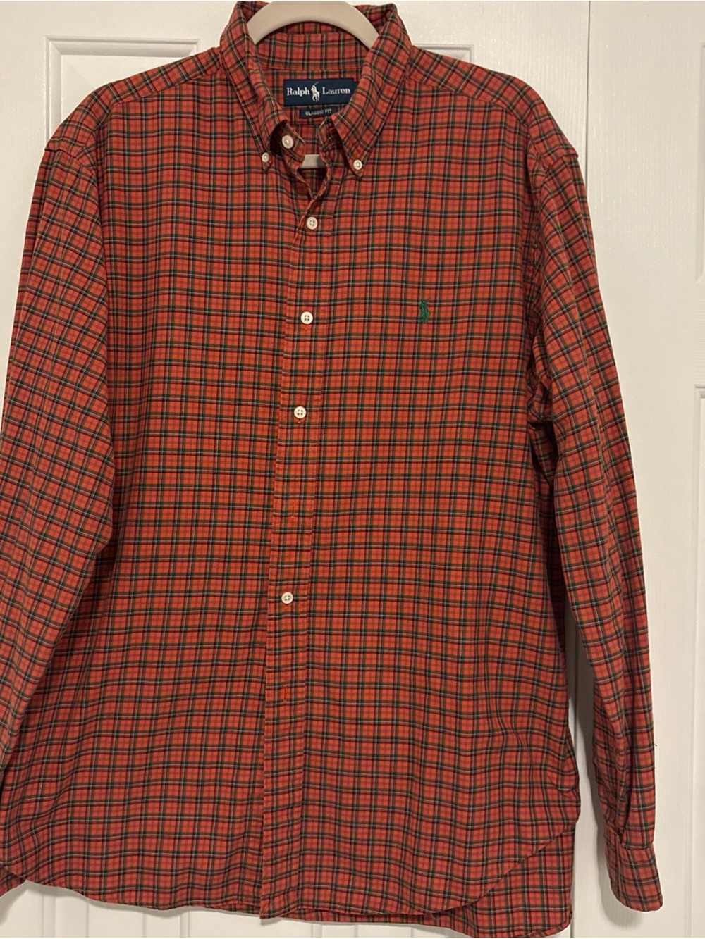 Ralph Lauren Orange/Red Plaid Button-Down Shirt Logo Size XL. Classic Fit